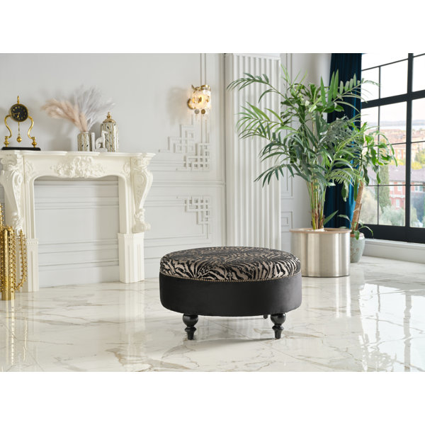 Rosdorf Park Gaze 35" Wide Round Animal Print Cocktail Ottoman, Black